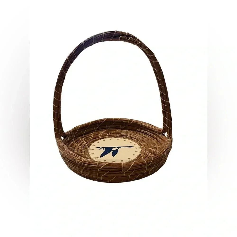 Pine Needle Handle Basket With Handpainted Ceramic Bird Plate Bottom Sig…